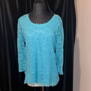 V Cristina Aqua Crocheted Lace Blouse